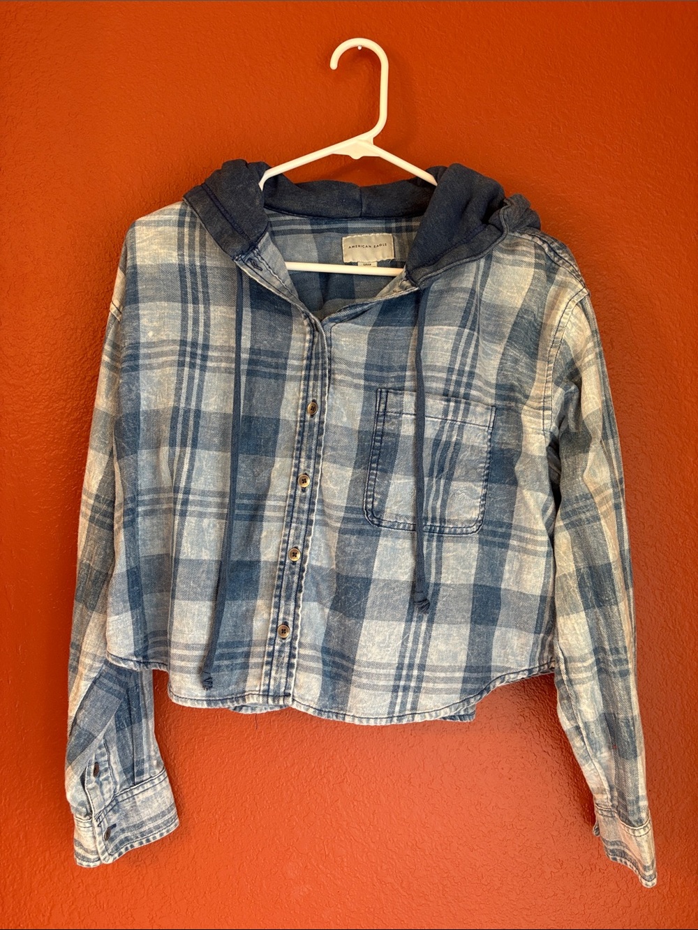American Eagle Outfitters Blue Plaid Hooded Button-Down Shirt